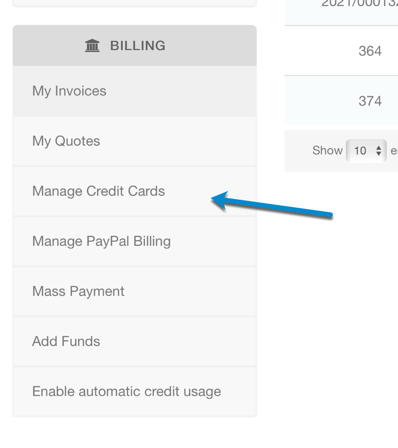 Sidebar Menu to Manage Credit Cards