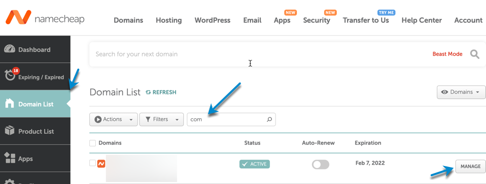 Namecheap domain main list on the client area