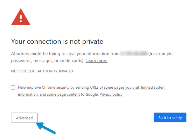 How to override SSL self signed warning in Chrome step 1