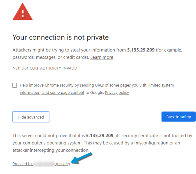 How to override SSL self signed warning in Chrome step 1