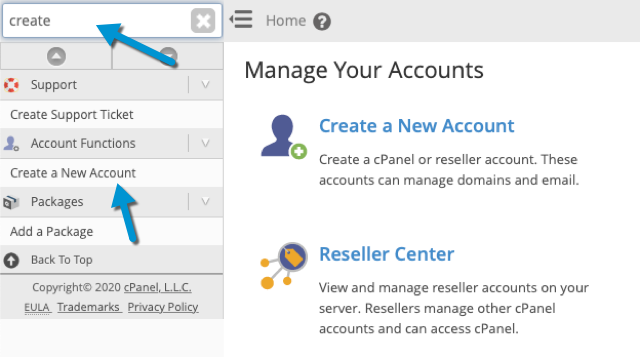 How to create a cPanel account from WHM step 2