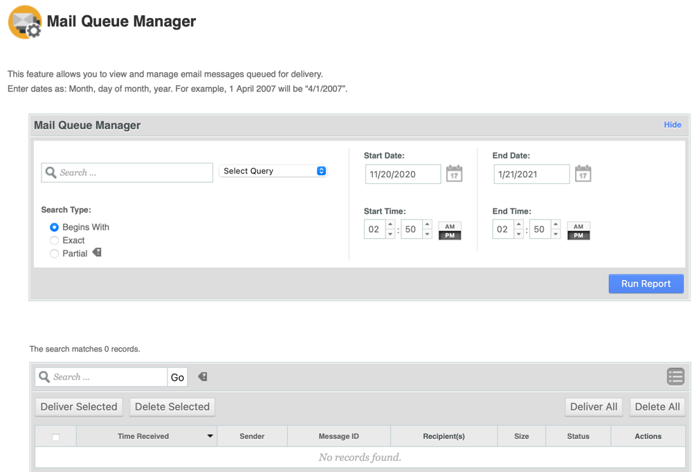 Screenshot of WHM Mail Queue Manager