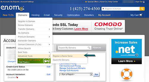 how to register your custom nameservers at Enom Register Private Nameservers at Enom
