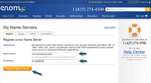 how to register your custom nameservers at Enom Register Private Nameservers at Enom