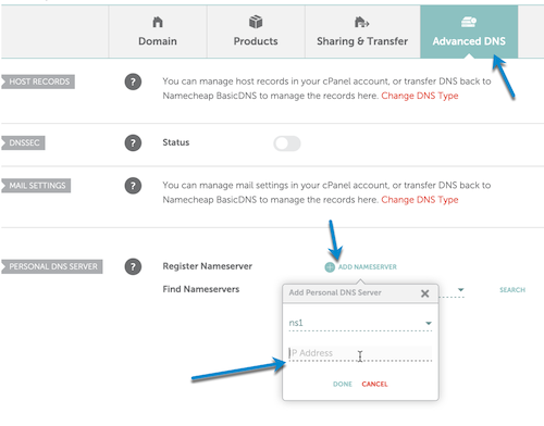 Advanced DNS settings panel Namecheap