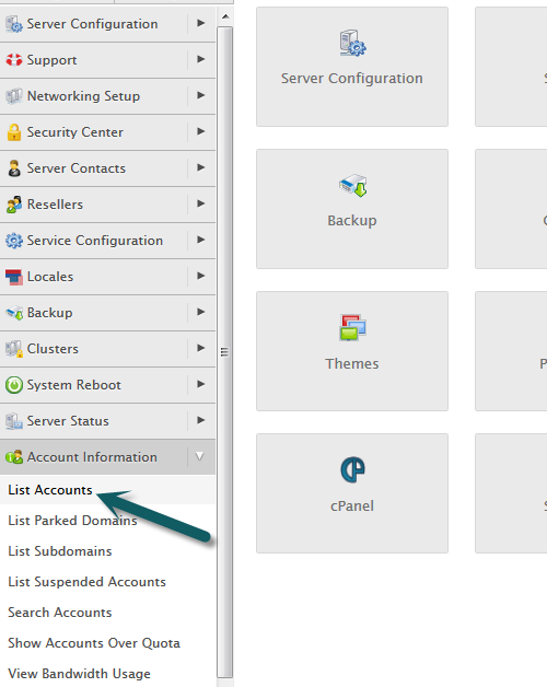 how to list cPanel accounts in WHM