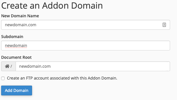 cPanel add add-on domain interface