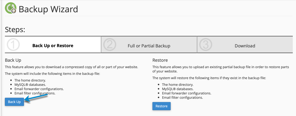cPanel backup wizard button