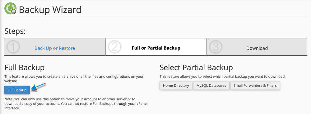 full backup button to generate cPanel backup