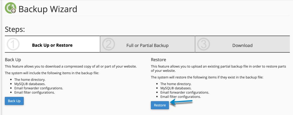 screenshot showing the restore option in the backup wizard