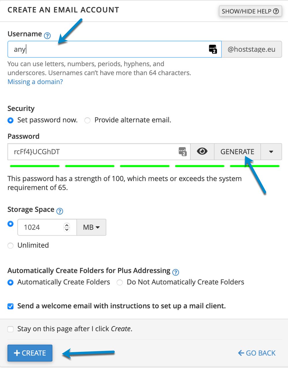 email management interface with values to set to create an email account