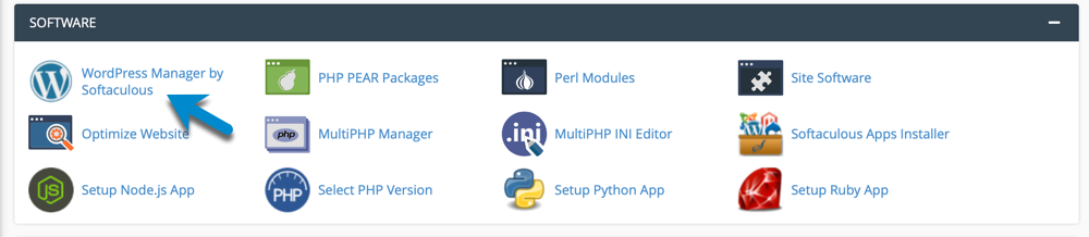 cPanel Software Section - Softaculous Wordpress Manager Menu