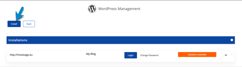 Install Button under Wordpress Management title