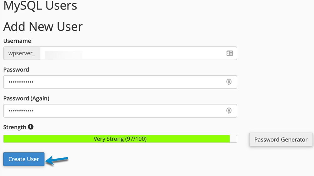 Create MySQL Username and Password input field