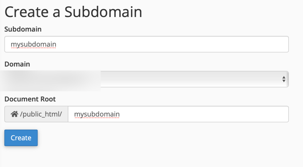 Subdomain creation interface with domain selector and document root