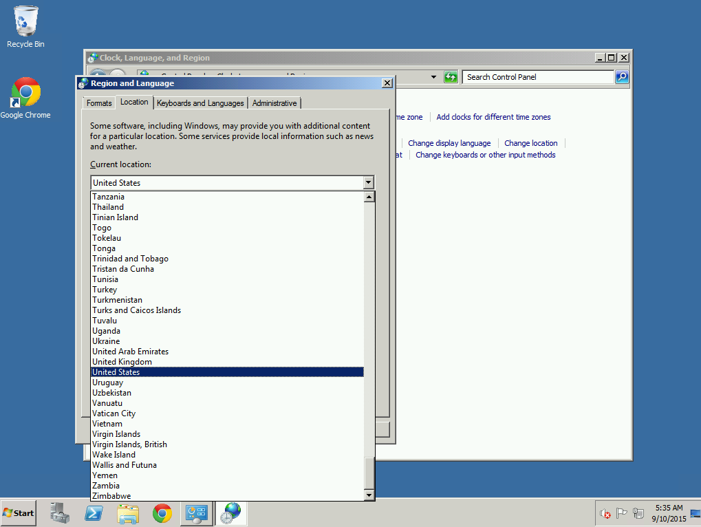 Screenshot How to change your VPS country in Windows server 2008 R2