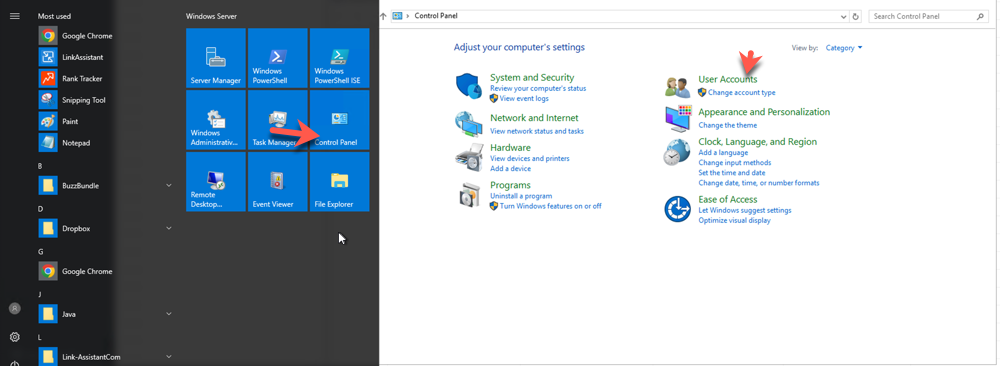 Windows Control Panel and Start Menu