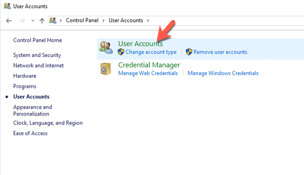Windows Control Panel User Accounts Section