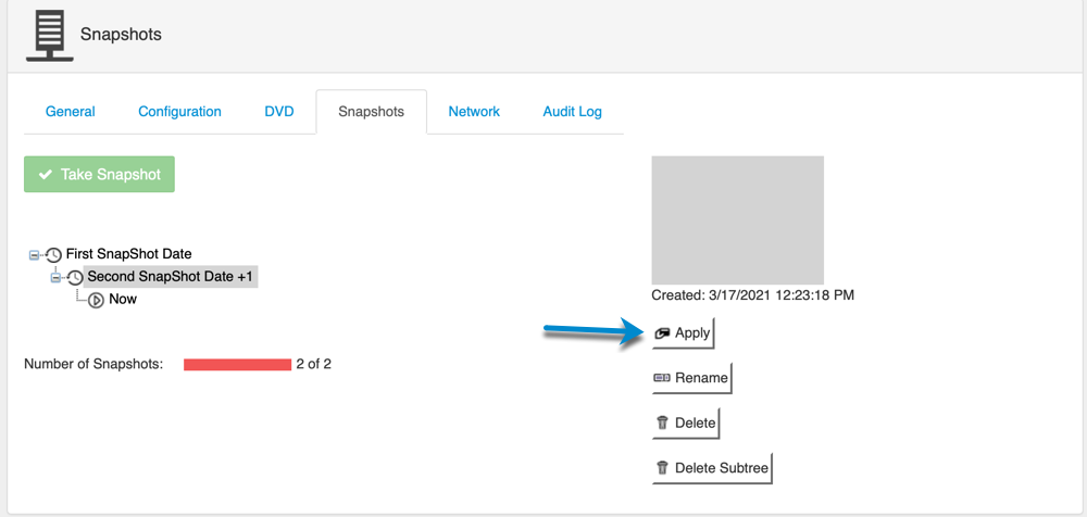 windows vps control panel restore a snapshot  menu