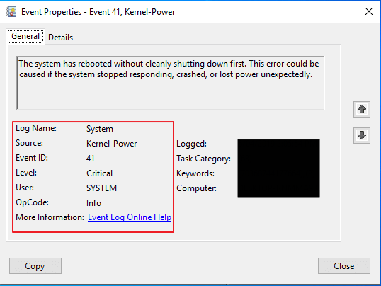 Event Viewer Kernel Power ID 41