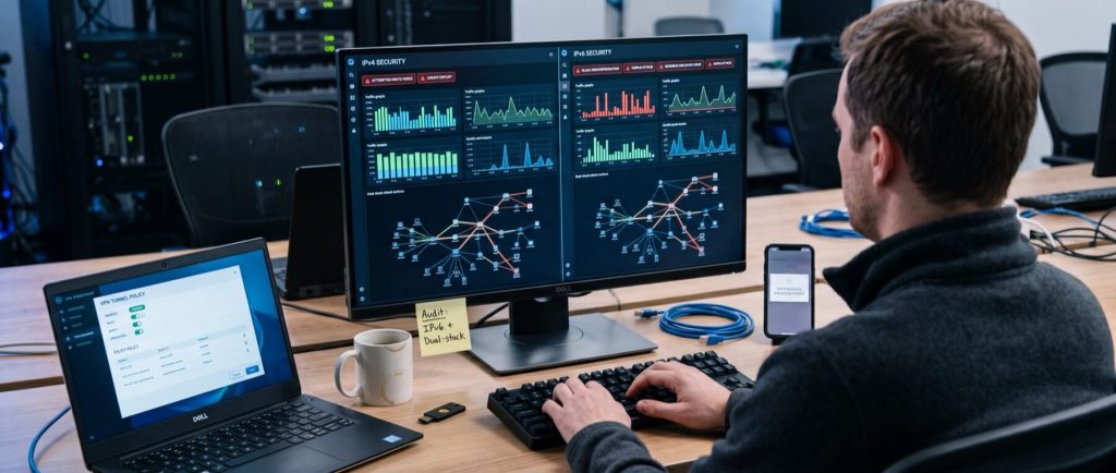 A person analyzes network security data on dual monitors, with graphs and charts, in a server room environment.