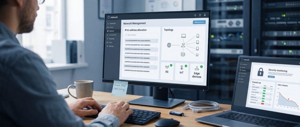 A person working at a desk with dual monitors displaying network management and security monitoring software in a server room.