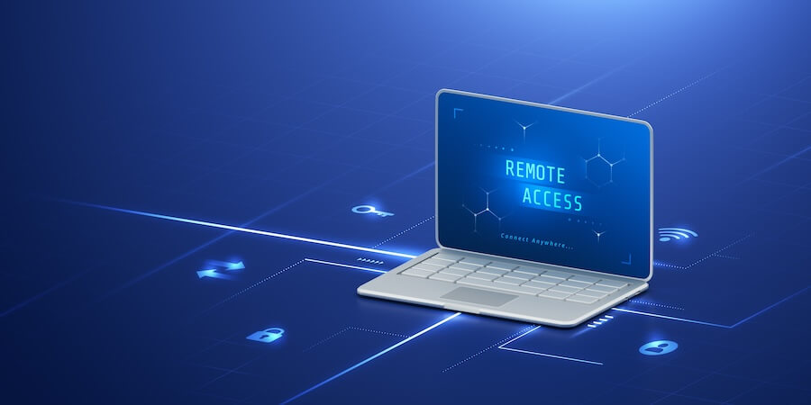 An illustration of remote desktop access on a laptop, showcasing secure connectivity for Windows VPS hosting with icons representing security, wireless access, and remote control.