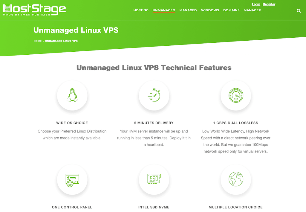 HostStage Unmanaged Linux VPS landing page