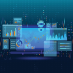 Digital interface with graphs, charts, and AI robot icon, depicting data analysis and artificial intelligence concepts on a blue background.