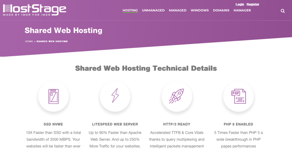 HostStage webpage detailing shared web hosting features: SSD NVME, LiteSpeed Web Server, HTTP/3 Ready, PHP 8 Enabled.