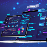 Laptop displaying coding interfaces with graphs and charts. Text includes "PHP," "C++," "HTML," "SEO," "CSS." Digital technology theme.