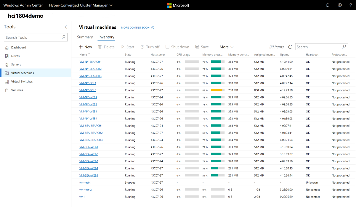 Windows Admin Center interface displaying a list of virtual machines with details like state, CPU usage, memory, and uptime.