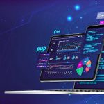 Laptop displaying programming languages and data visualizations, including PHP, C++, HTML, SEO, CSS, with charts and code snippets.