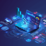 A digital illustration of a laptop displaying data analytics, surrounded by graphs, charts, and futuristic interface elements.