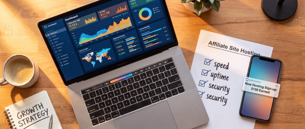 Laptop displaying analytics dashboard, checklist titled "Affiliate Site Hosting," phone notification about earnings, coffee cup, and "Growth Strategy" notebook.