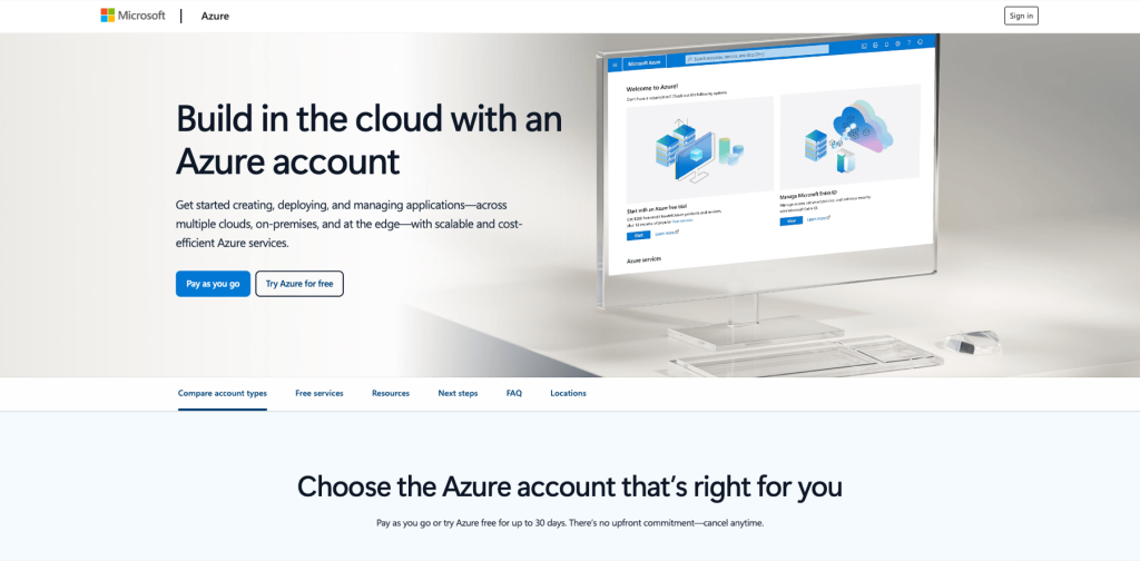 Microsoft Azure webpage promoting cloud account creation with options to "Pay as you go" or "Try Azure for free."