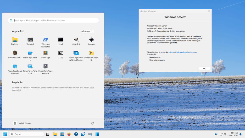 Windows desktop showing Start menu with pinned apps and a "Windows Server" information window. Background features a snowy landscape.
