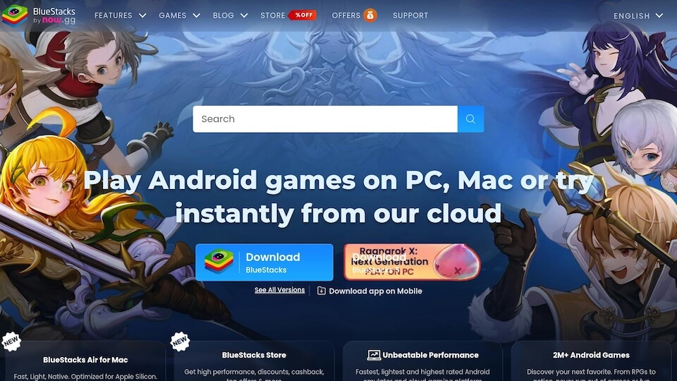 Website homepage for BlueStacks, featuring anime characters and text: "Play Android games on PC, Mac or try instantly from our cloud."