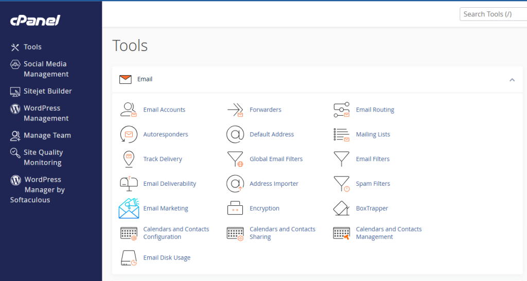 cPanel interface showing email management tools, including Email Accounts, Forwarders, Autoresponders, and Spam Filters. Sidebar lists additional management options.