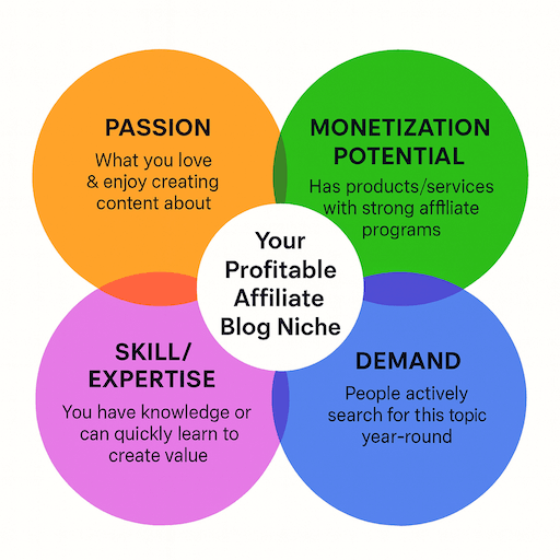 Venn diagram with four circles: Passion, Monetization Potential, Skill/Expertise, Demand. Center text: "Your Profitable Affiliate Blog Niche."