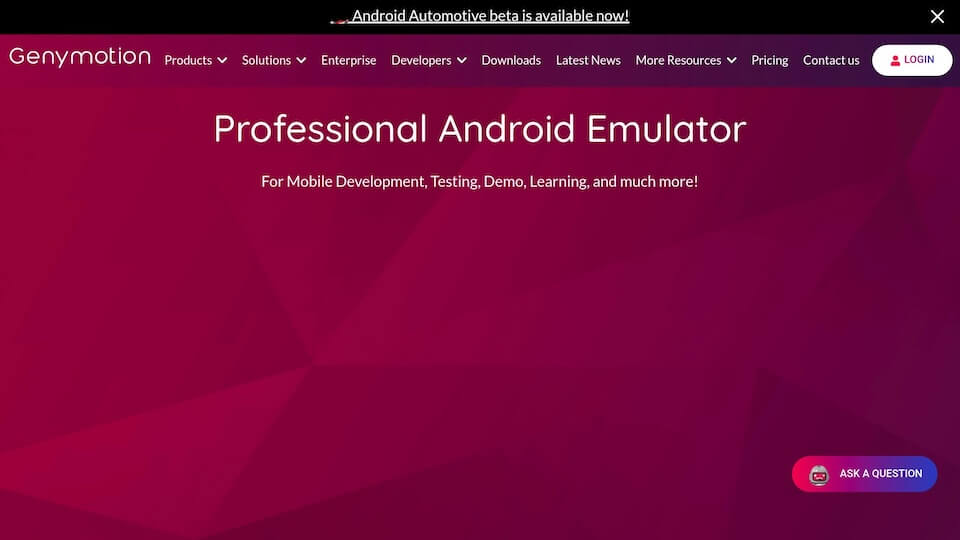 Genymotion website homepage featuring "Professional Android Emulator" for mobile development, testing, demo, learning. Navigation menu and login button visible.