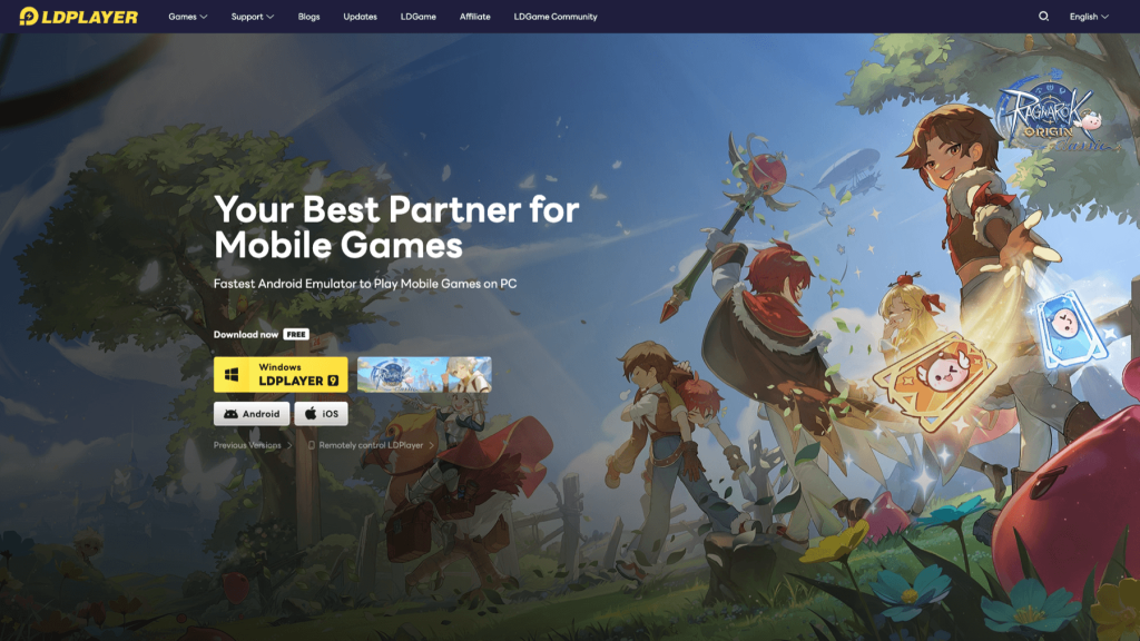 LDPlayer website homepage featuring animated characters, promotional text "Your Best Partner for Mobile Games," and download options for Windows, Android, and iOS.
