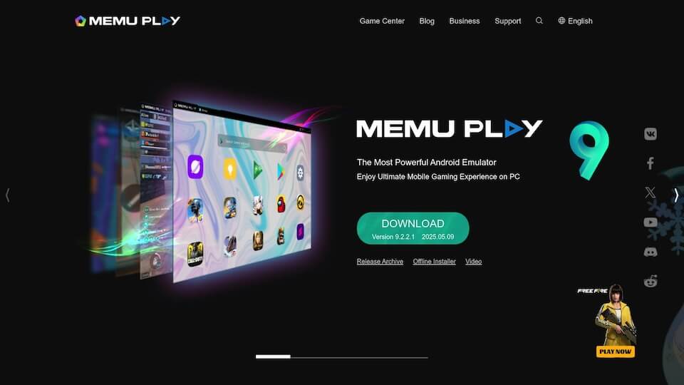 Website homepage for MEMU Play, an Android emulator. Features download button, version details, and promotional graphics for mobile gaming.