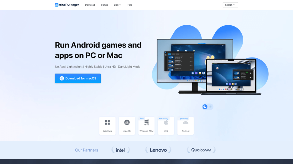 MuMuPlayer homepage showing Android games on PC or Mac, with download button for macOS and partner logos: Intel, Lenovo, Qualcomm.