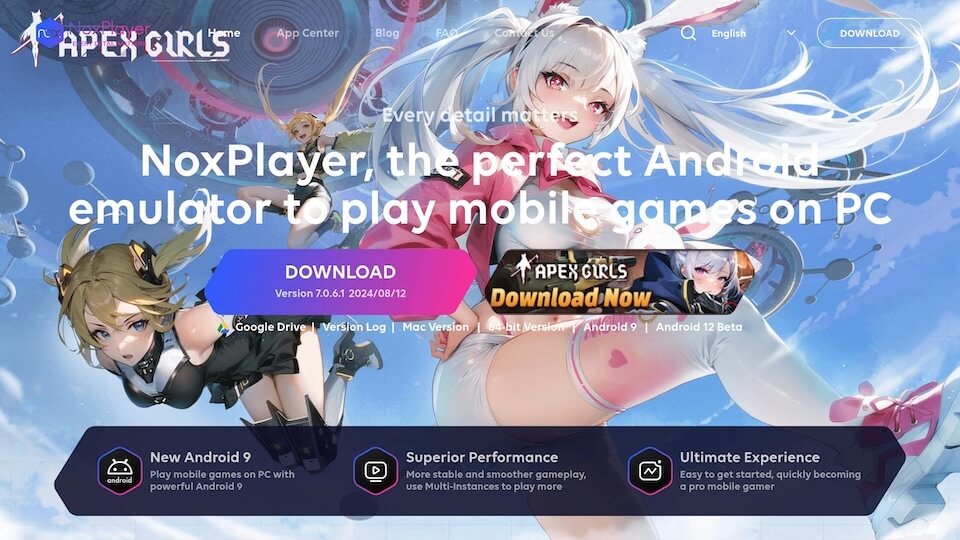 Anime-style characters with promotional text for "NoxPlayer, the perfect Android emulator to play mobile games on PC." Download options available.