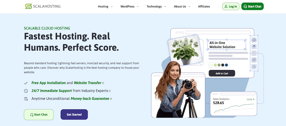  Scalahosting webpage featuring text about scalable cloud hosting, a woman with a camera, and website solution graphics.