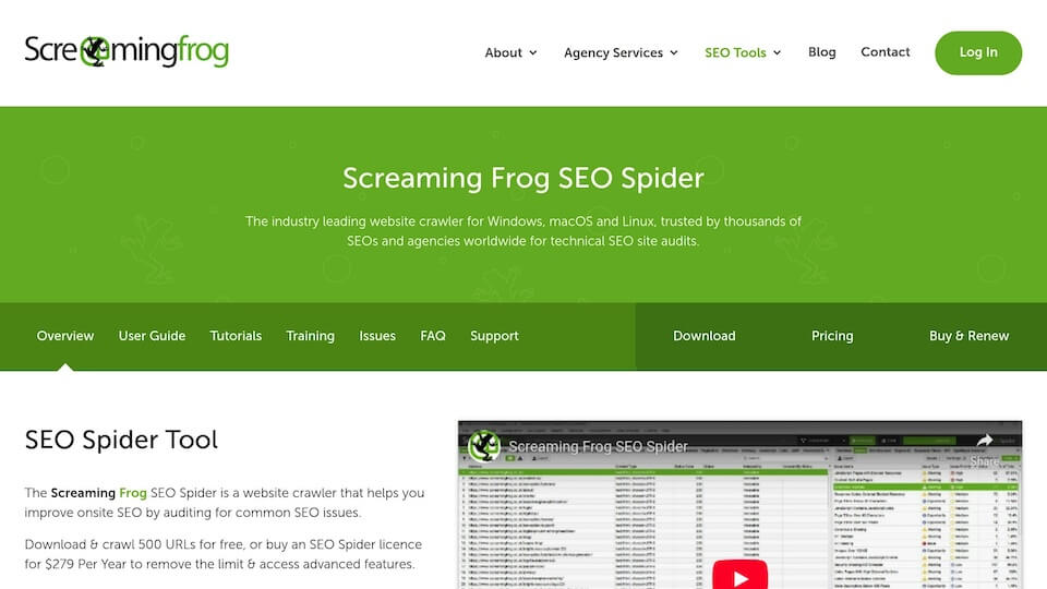 Screaming Frog SEO Spider webpage with navigation menu, description of SEO Spider Tool, and screenshot of the software interface.