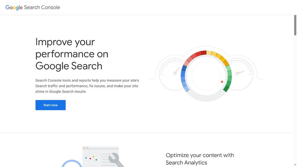 Google Search Console page with text: "Improve your performance on Google Search. Start now." Features a speedometer graphic and a "Start now" button.