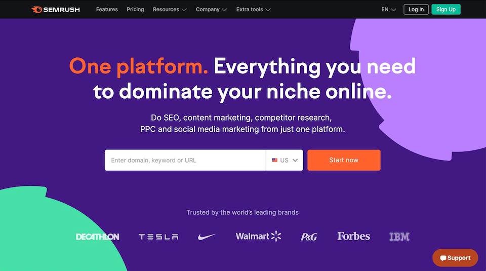 SEMrush homepage promoting SEO and marketing tools. Text: "One platform. Everything you need to dominate your niche online." Logos of trusted brands displayed.