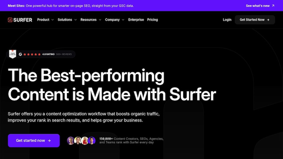 Surfer website homepage promoting content optimization with text: "The Best-performing Content is Made with Surfer." Includes navigation and call-to-action buttons.